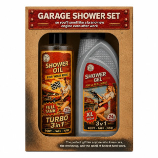 Pánska darčeková sada "Garage Shower Set" – sprchový gél 500 ml a sprchový olej 250 ml