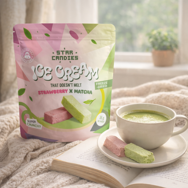 STAR CANDIES mrazená zmrzlina s príchuťou matcha a jahody, 16g