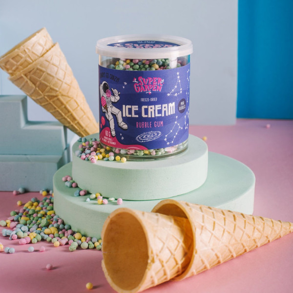 SUPER GARDEN mrazené sušené mini zmrzlinové guľôčky s príchuťou žuvačky, 60g