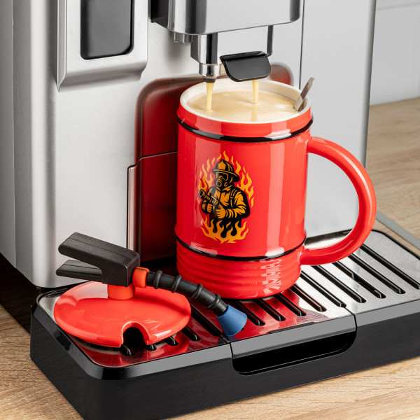 Hasičský hrnček „Hasiaci prístroj“ s viečkom a lyžičkou (450 ml)
