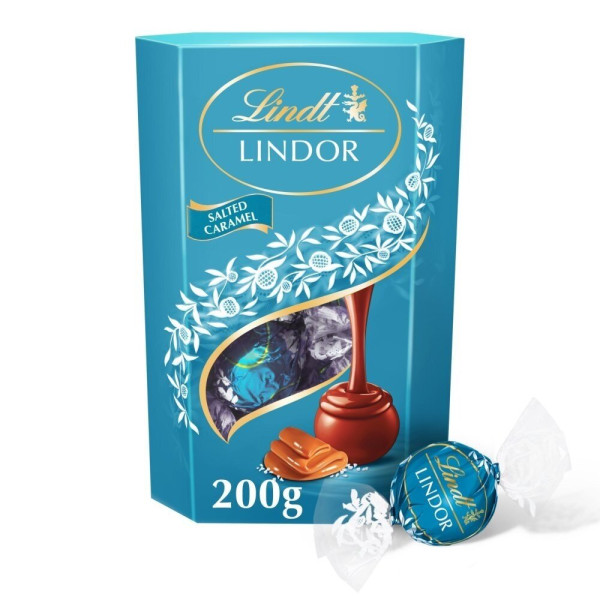 LINDT LINDOR mliečne čokoládové pralinky so slaným karamelom, 200 g