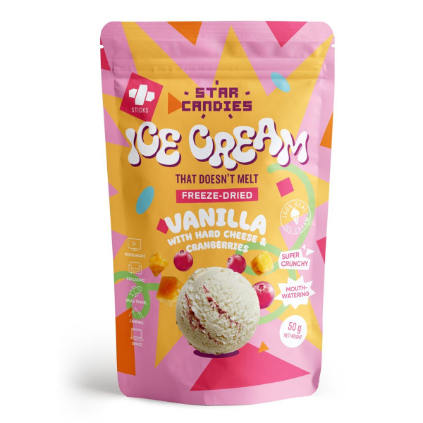 STAR CANDIES Mrazom sušená vanilková zmrzlina so starým syrom a brusnicami, 50g STAR CANDIES Mrazom sušená vanilková zmrzlina so starým syrom a brusnicami, 50g