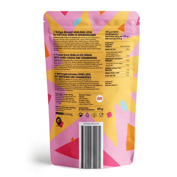 STAR CANDIES Mrazom sušená vanilková zmrzlina so starým syrom a brusnicami, 50g STAR CANDIES Mrazom sušená vanilková zmrzlina so starým syrom a brusnicami, 50g