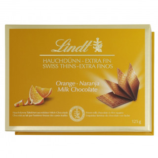 LINDT THINS mliečna čokoláda s príchuťou pomaranča, 125g