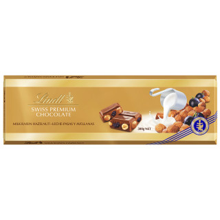 XL "LINDT GOLD" Mliečna čokoláda s hrozienkami, lieskovými orechmi a mandľami, 300g