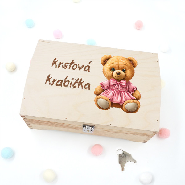 Drevená pamätná krabička "Krstová krabička s plyšovým medvedíkom" Drevená pamätná krabička "Krstová krabička s plyšovým medvedíkom"