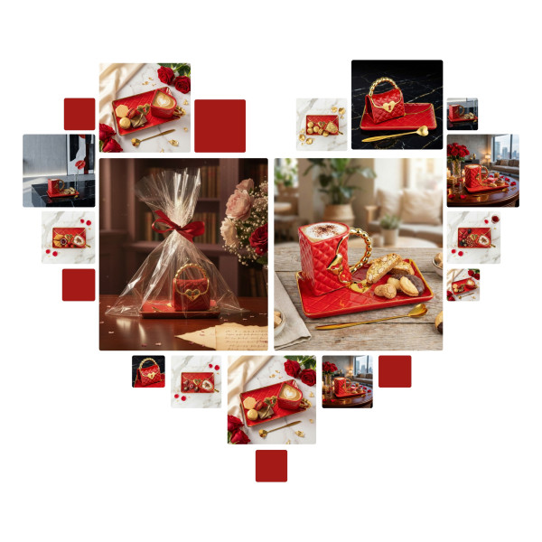 Hrnček "Kabelka" s tanierikom a lyžičkou v tvare srdca