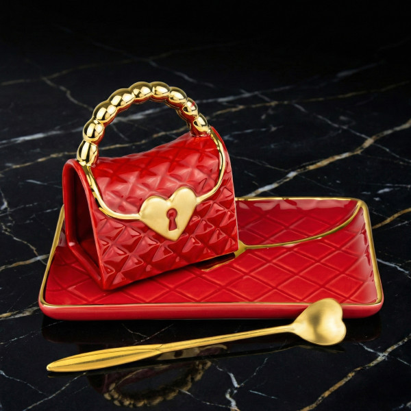 Hrnček "Kabelka" s tanierikom a lyžičkou v tvare srdca