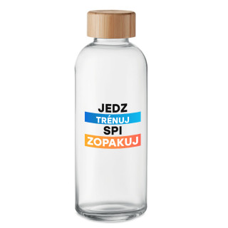 Sklenená fľaša na vodu "Jedz, trénuj, spi, zopakuj" (650ml)