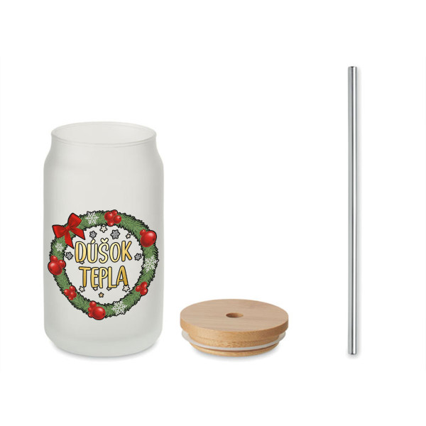 Sklenená poháreň s kovovou slamkou "Dúšok tepla", 400ml