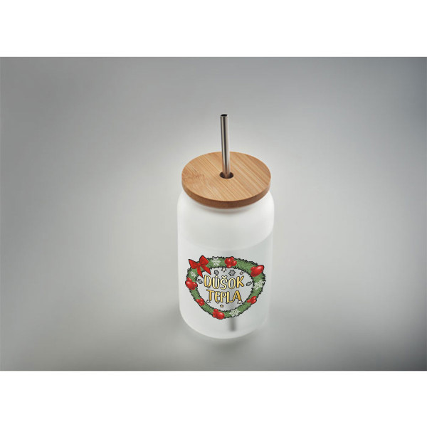 Sklenená poháreň s kovovou slamkou "Dúšok tepla", 400ml