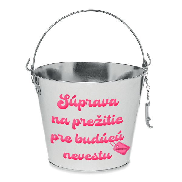 Vedro "Súprava na prežitie pre budúcú nevestu" s vaším zvoleným menom